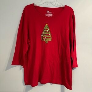 Classic Elements Women Christmas Tree Red Quarter Sleeve Shirt